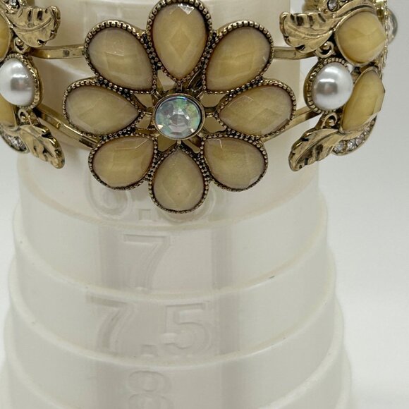 Gold-Tone Hinged Bracelet Vintage Inspired Rhinestones, Faux Pearl Floral Design - Picture 10 of 12